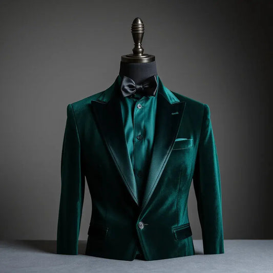 Emerald velvet slim-fit tuxedo on a mannequin with black satin bow tie and dress shirt