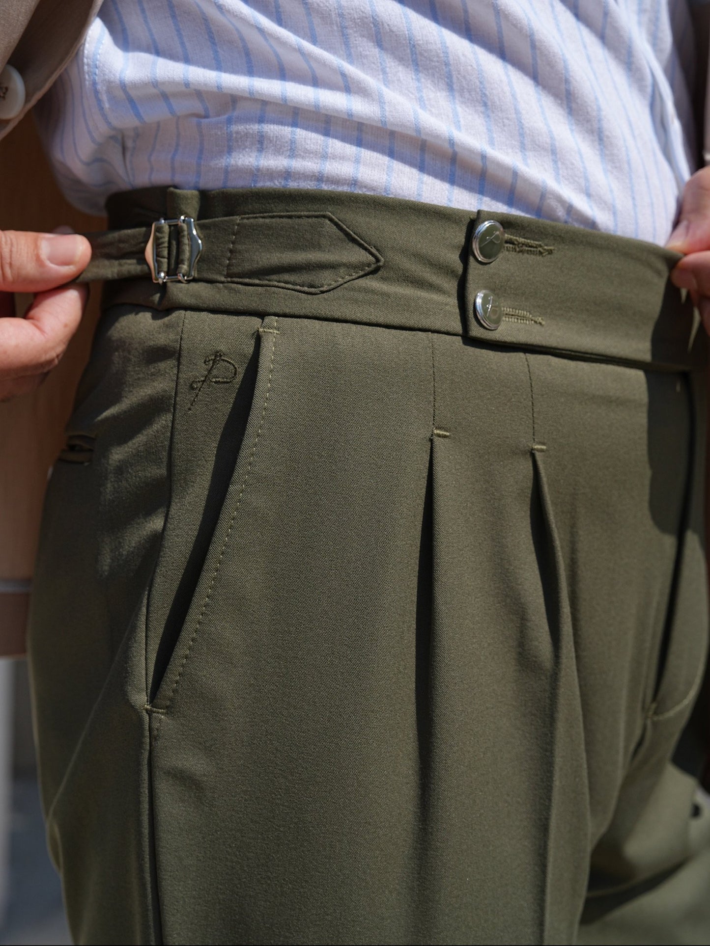 Khaki Green High Waist Pleated Buckle Pants - Regular Fit