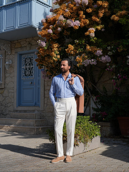 White High Waist Pleated Buckle Pants - Regular Fit