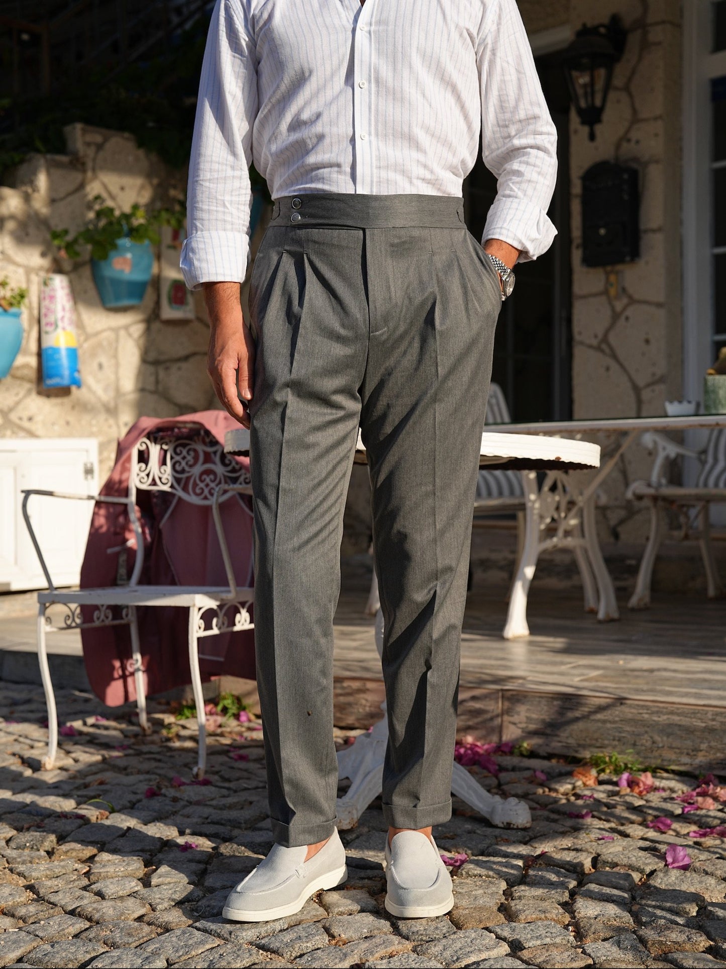 Gray High Waist Pleated Buckle Pants - Regular Fit