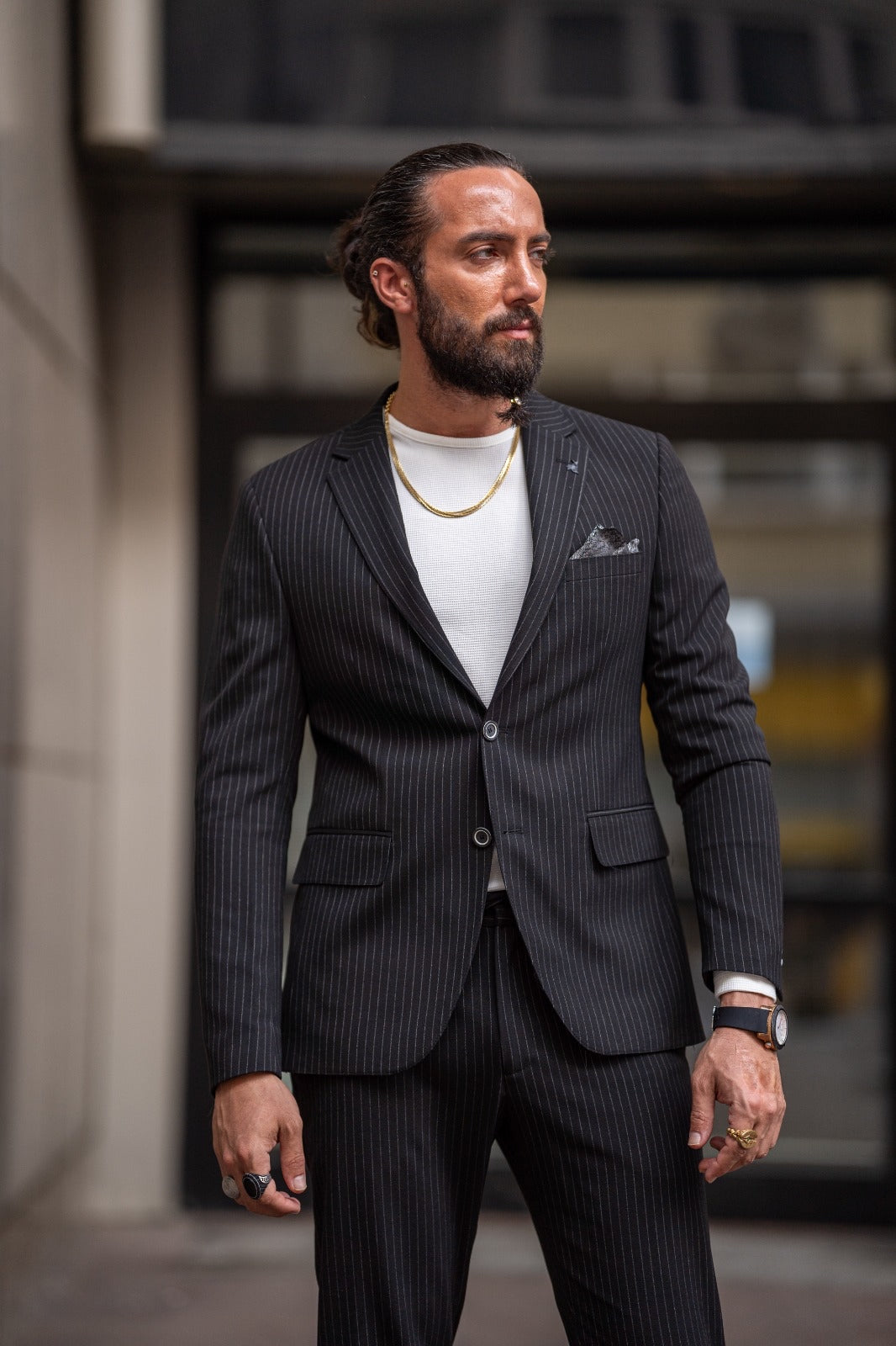 Ardean Black Slim Fit Notch Lapel Pinstripe Suit