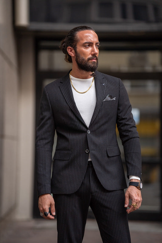 Ardean Black Slim Fit Notch Lapel Pinstripe Suit