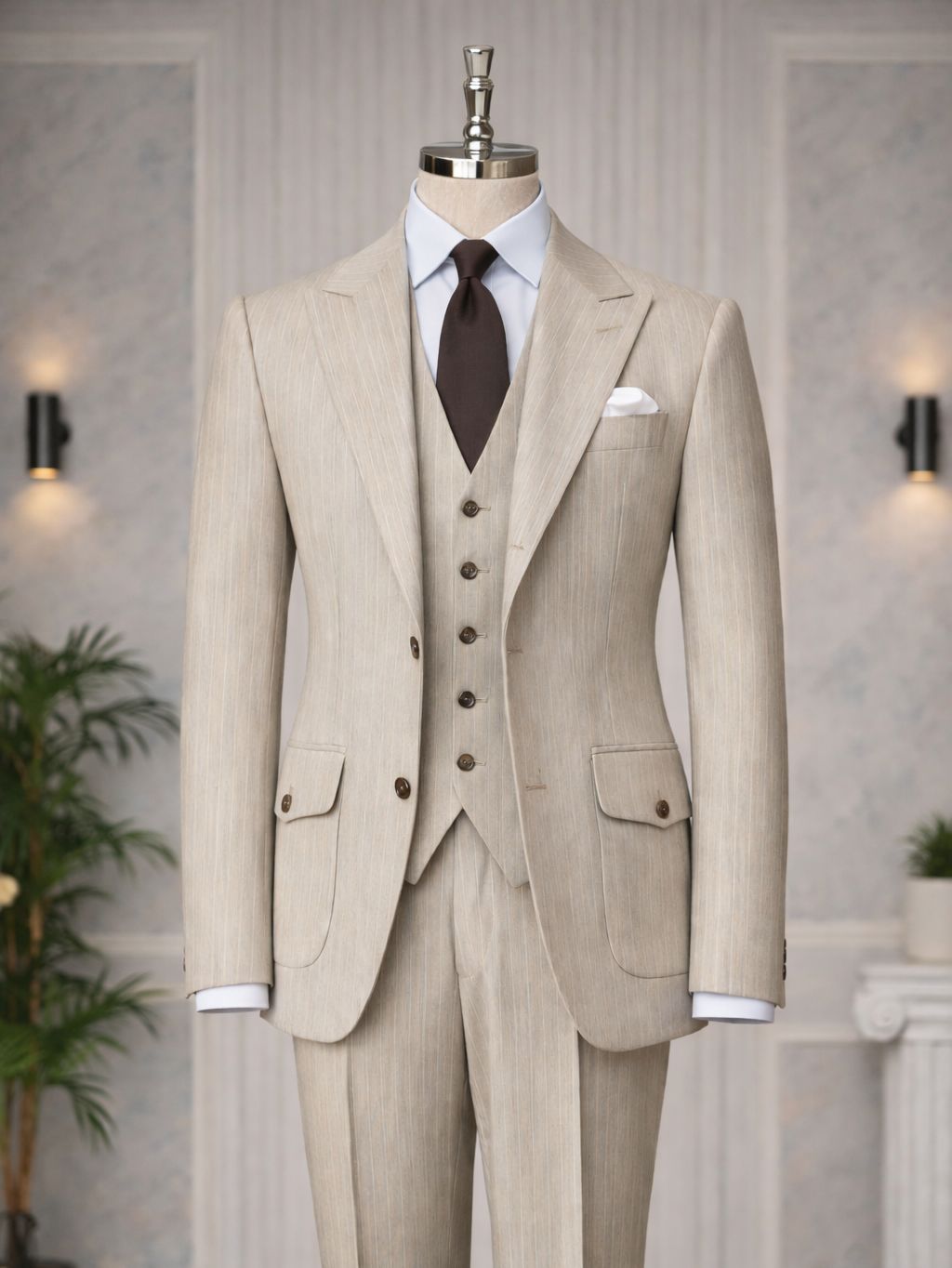 Beige Striped Slim-Fit Suit 3-Piece VIOSSI