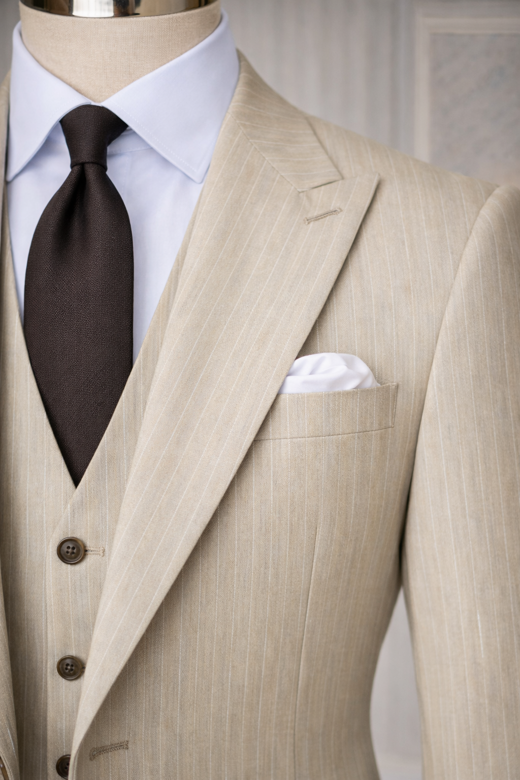 Beige Striped Slim-Fit Suit 3-Piece VIOSSI