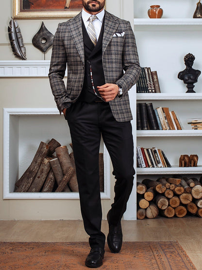 Grey Plaid Slim-Fit Suit 3-Piece VIOSSI