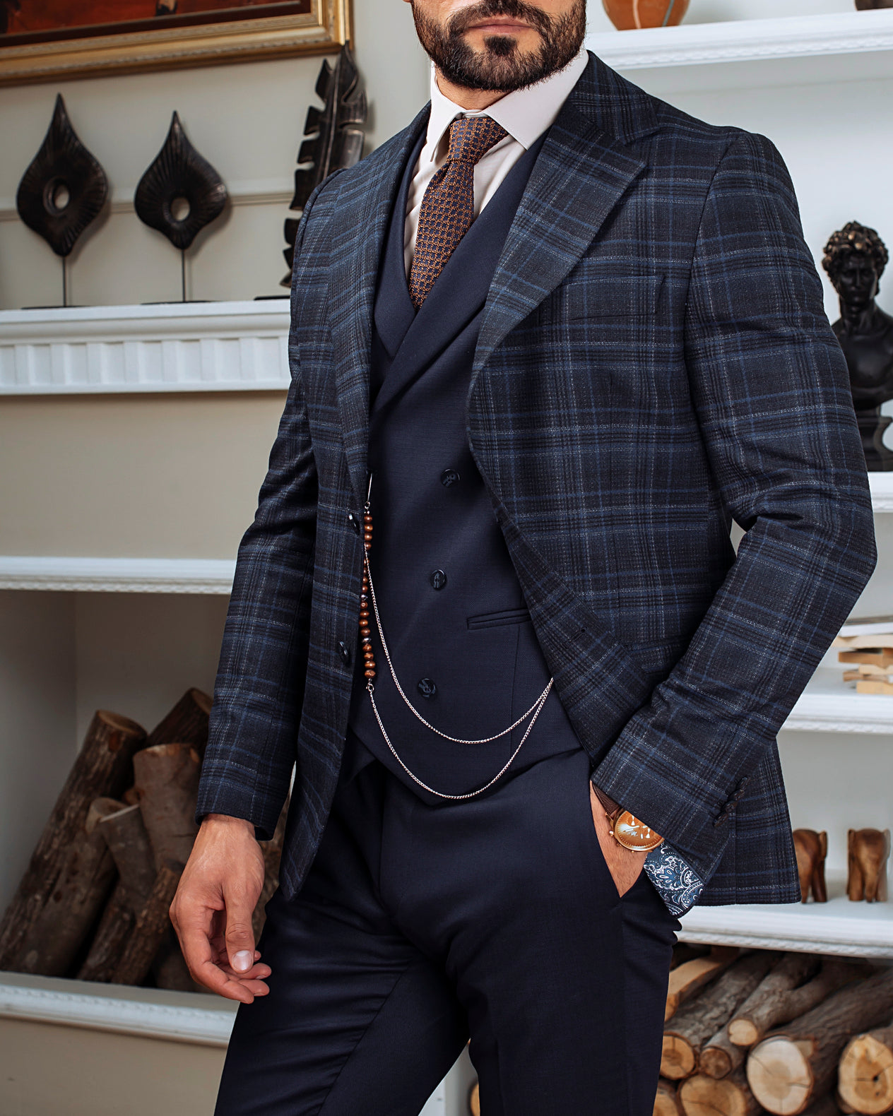 Navy Plaid Slim-Fit Suit 3-Piece VIOSSI
