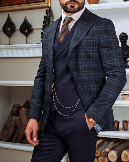 Navy Plaid Slim-Fit Suit 3-Piece VIOSSI
