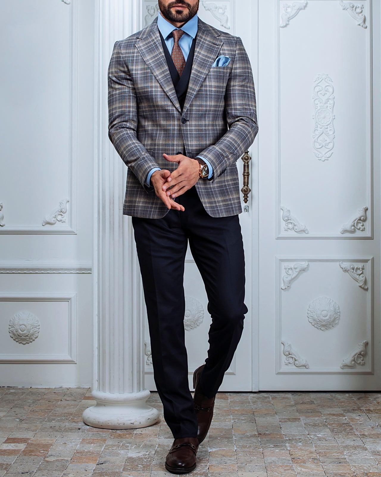 Grey Plaid Slim-Fit Suit 3-Piece VIOSSI