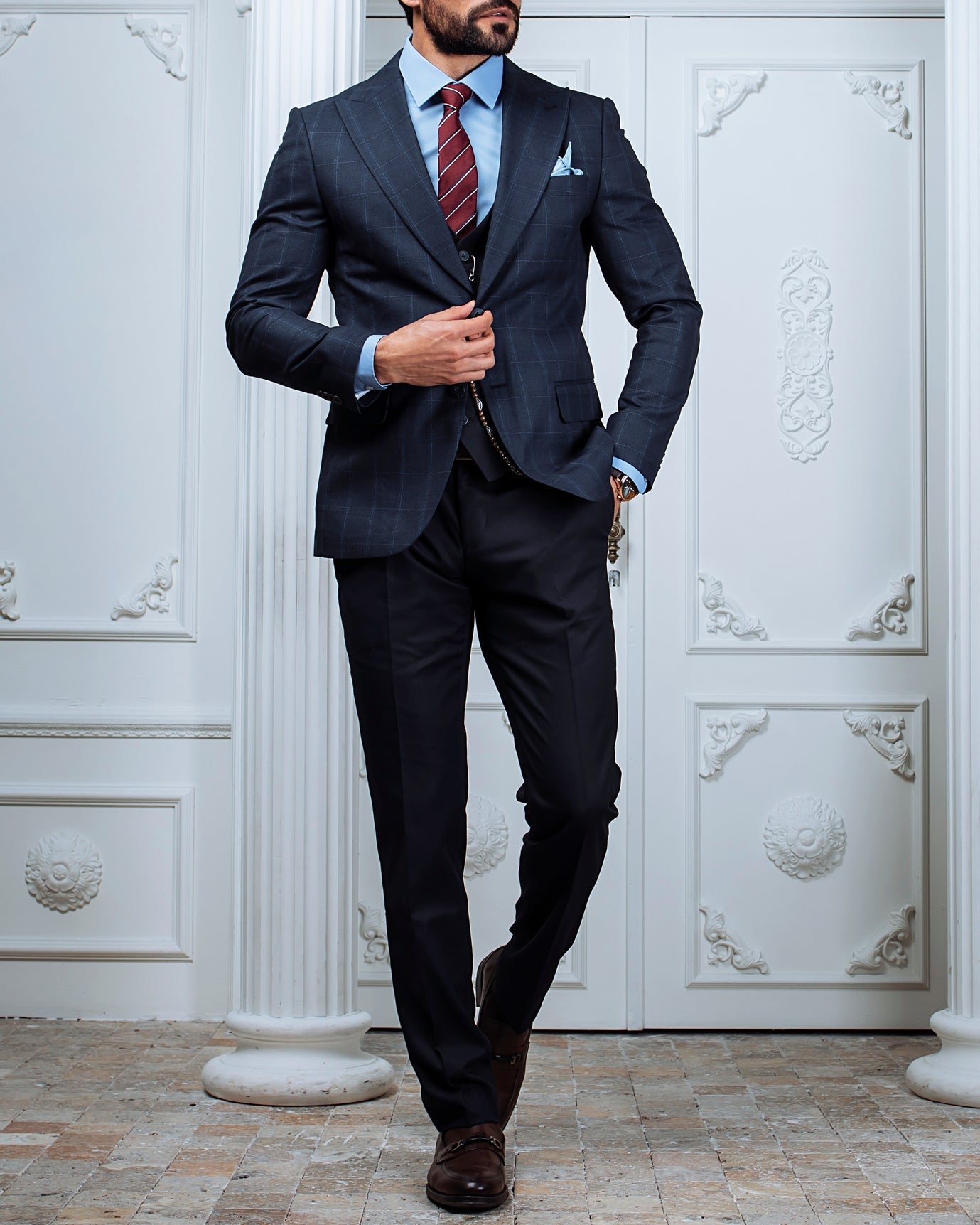 Navy Plaid Slim-Fit Suit 3-Piece VIOSSI