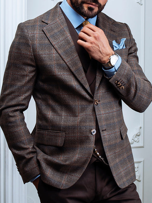 Brown Plaid Slim-Fit Suit 3-Piece VIOSSI
