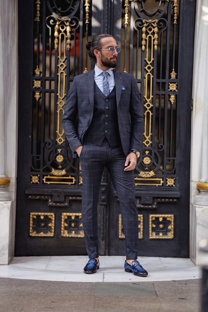 Paris Navy Blue Slim Fit Notch Lapel 3 Piece Check Suit