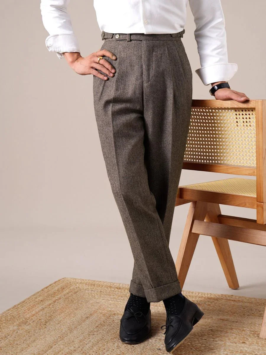 Men's Herringbone Wool Pleated Pants