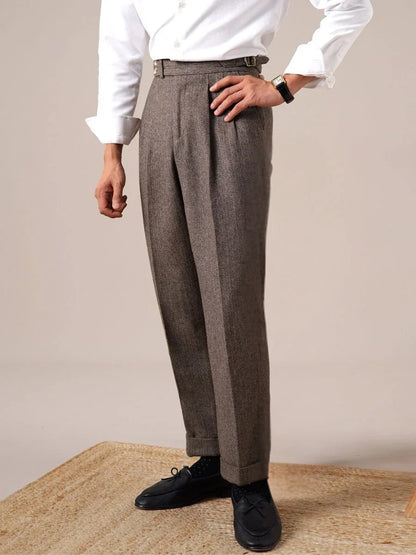 Men's Herringbone Wool Pleated Pants