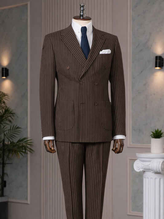 Brown Striped Double Breasted Suit 2-Piece
