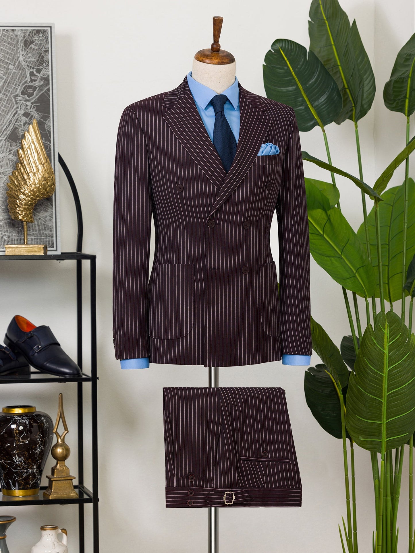 Bordeaux Striped Double Breasted Suit 2-Piece