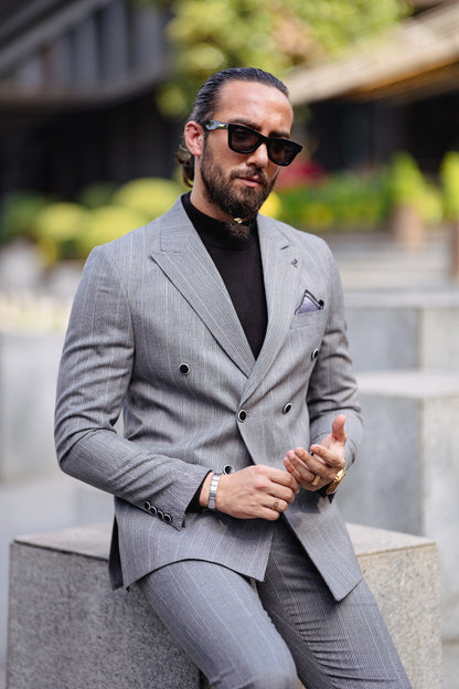 Paris Gray Slim Fit Peak Lapel Double Breasted Striped Suit