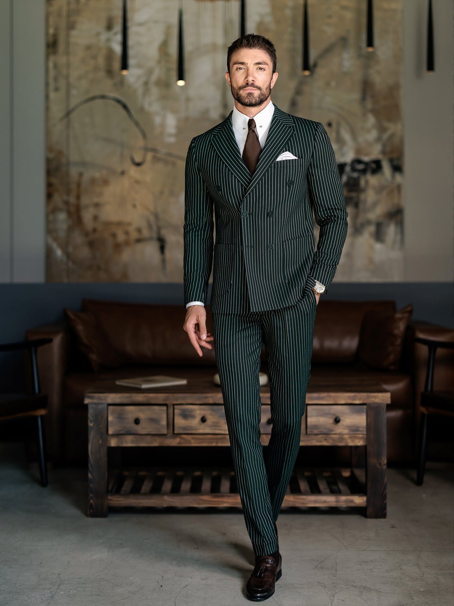Green Striped Double Breasted Suit 2-Piece VIOSSI