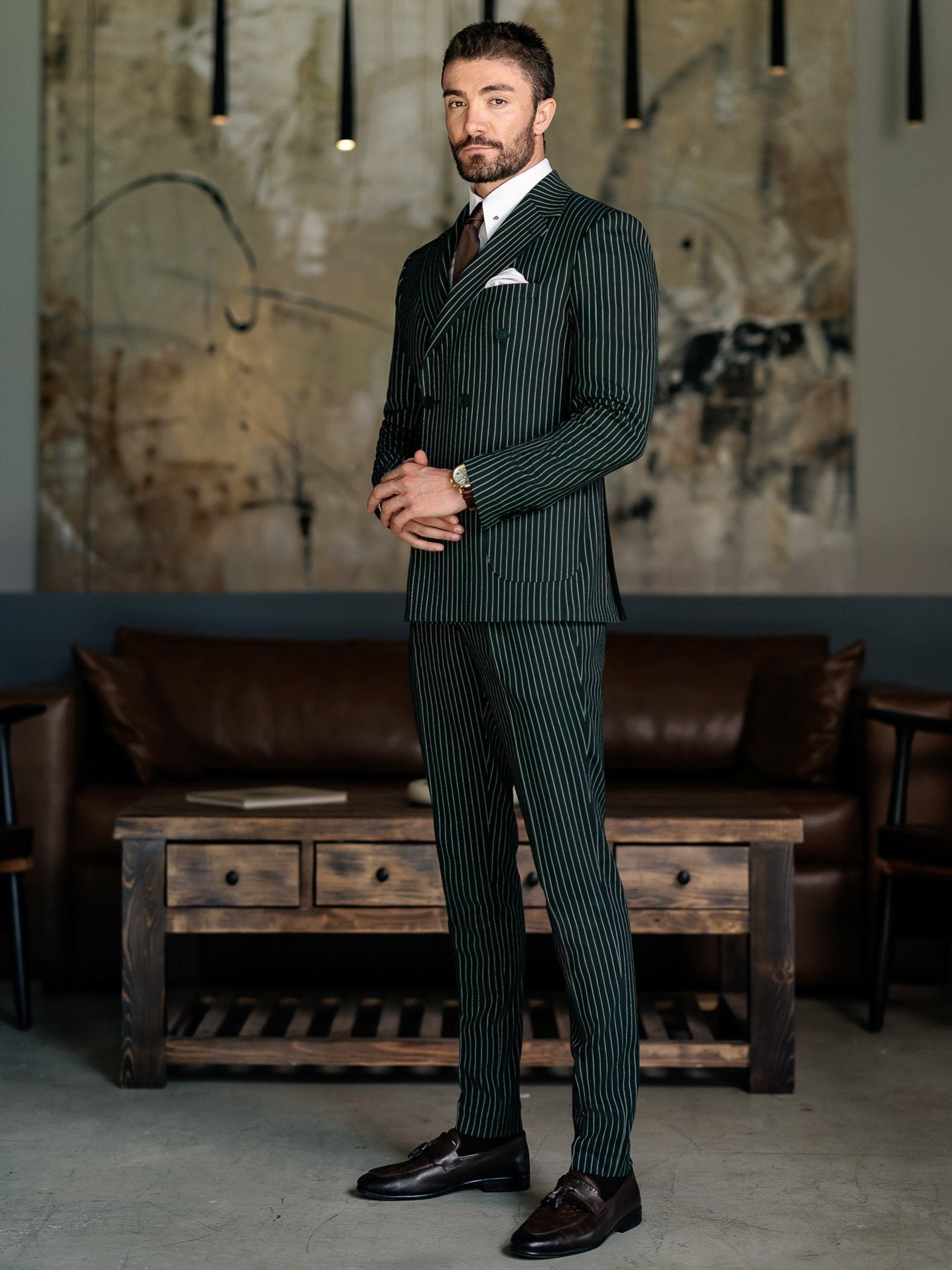 Green Striped Double Breasted Suit 2-Piece VIOSSI
