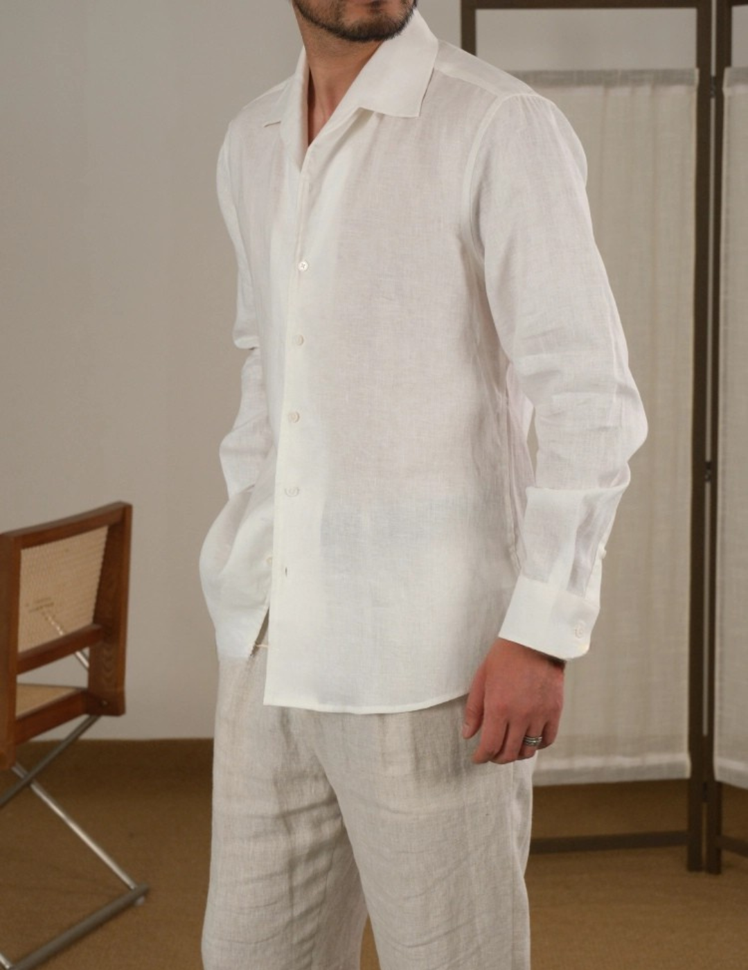 Men's Linen Cuban Collar Long Sleeve Shirt