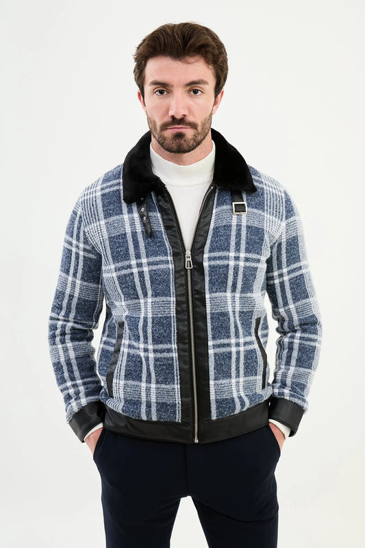 Bojoni Capena Blue Fur Plaid Slim Fit Coat