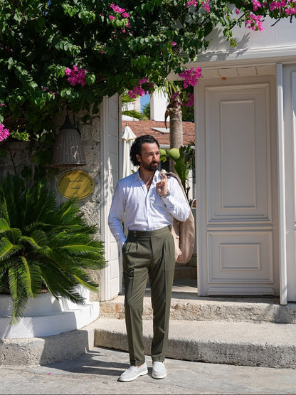 Khaki Green High Waist Pleated Buckle Pants - Regular Fit