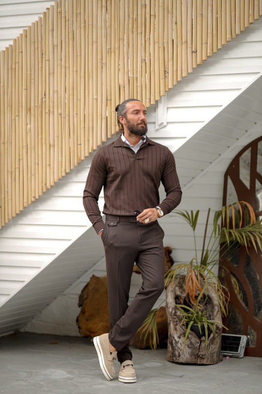 Men's Brown Polo Collar Textured Knit Sweater