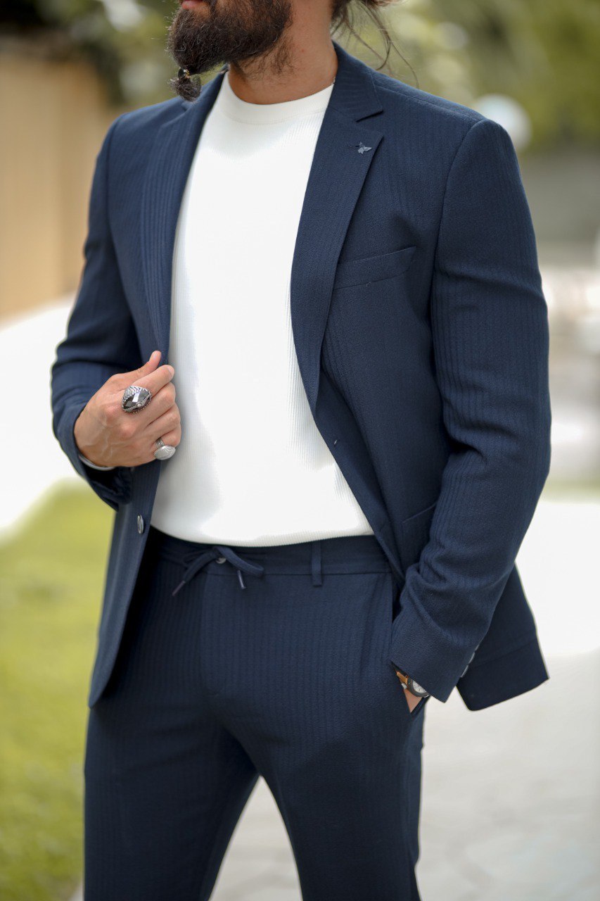 Men’s Blue Seersucker Sports Suit with Pocket