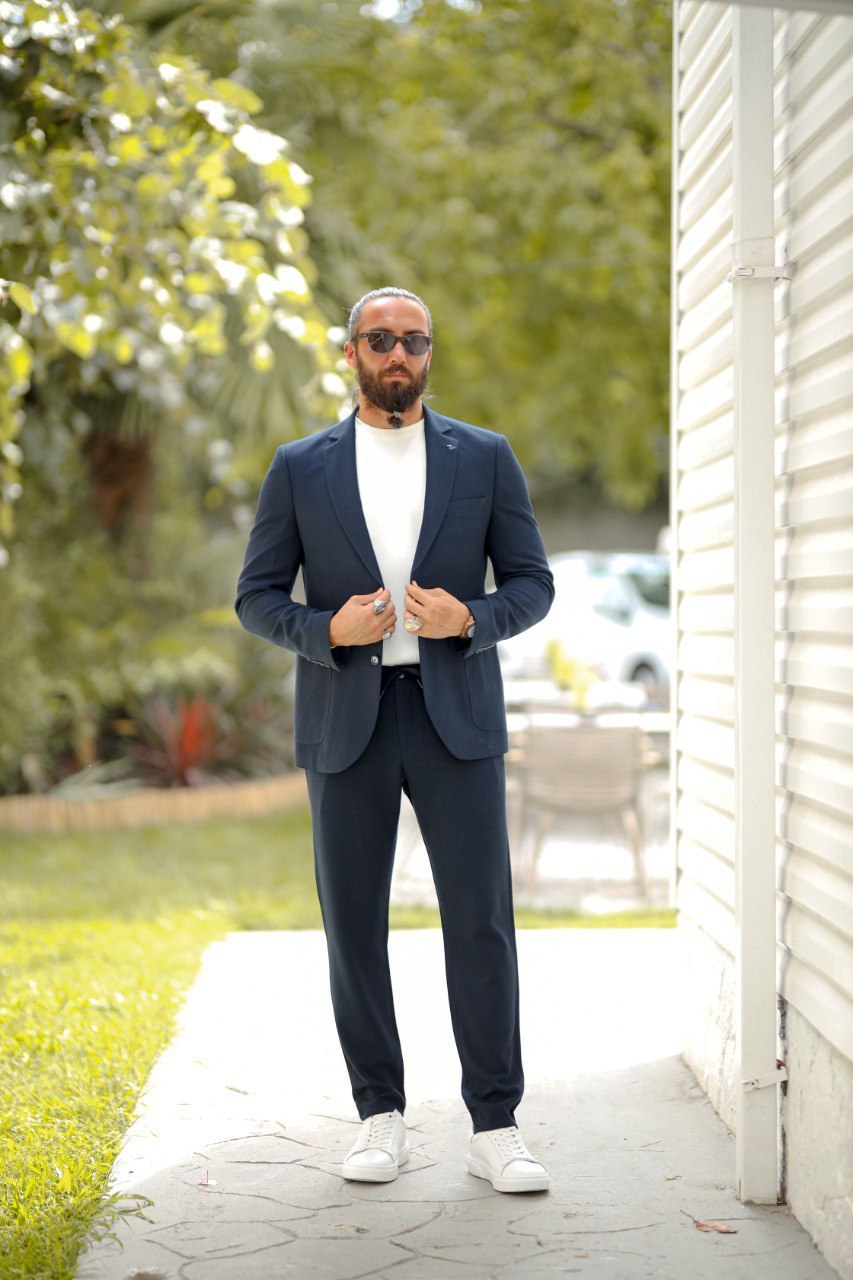 Men’s Blue Seersucker Sports Suit with Pocket