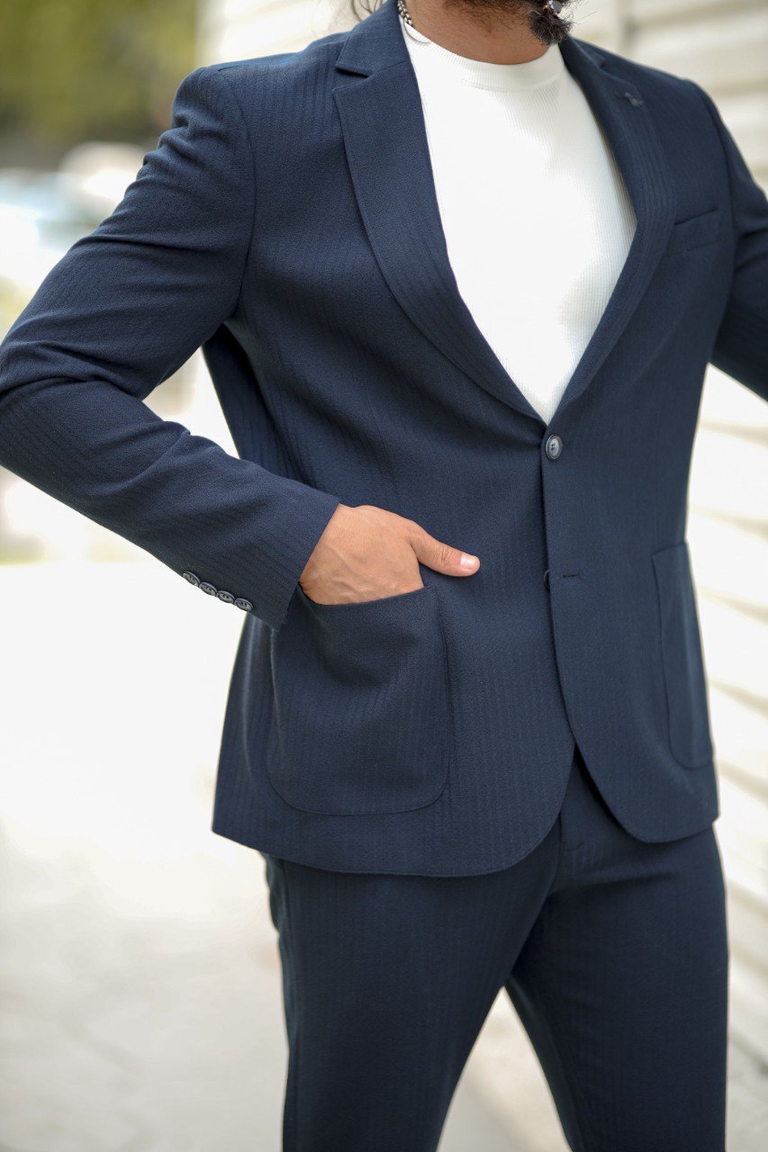 Men’s Blue Seersucker Sports Suit with Pocket