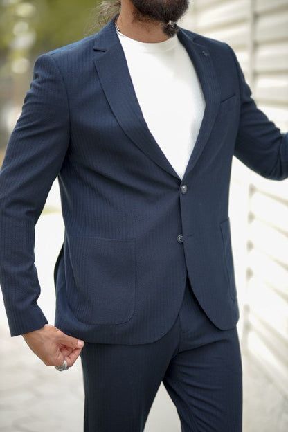 Men’s Blue Seersucker Sports Suit with Pocket
