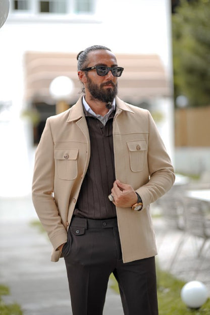 Men’s Beige Short Cashmere Coat with Pocket Detail