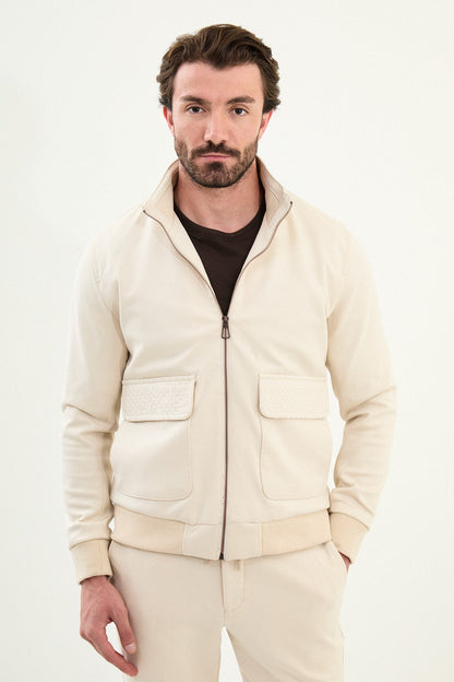 Men’s Beige Slim Fit Knitwear Zip Jacket