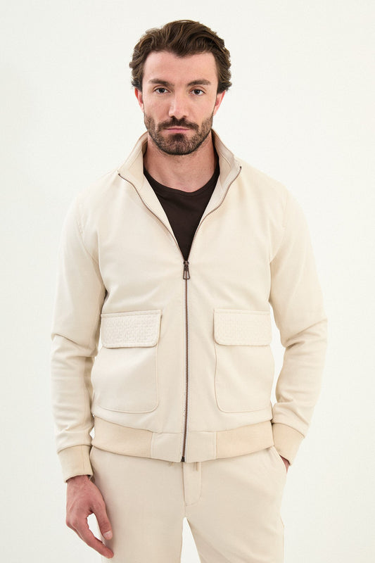 Men’s Beige Slim Fit Knitwear Zip Jacket