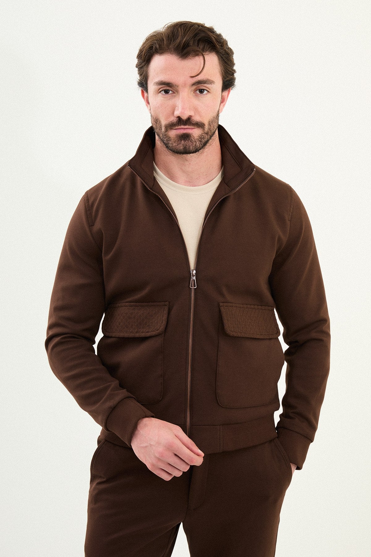 Men’s Brown Slim Fit Knitwear Zip Jacket