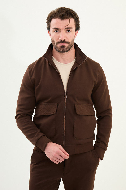 Men’s Brown Slim Fit Knitwear Zip Jacket