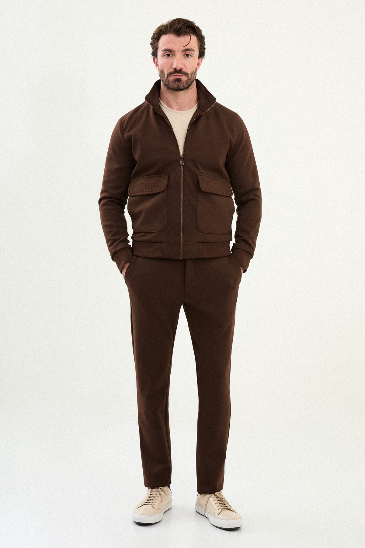 Men’s Brown Slim Fit Knitwear Zip Jacket
