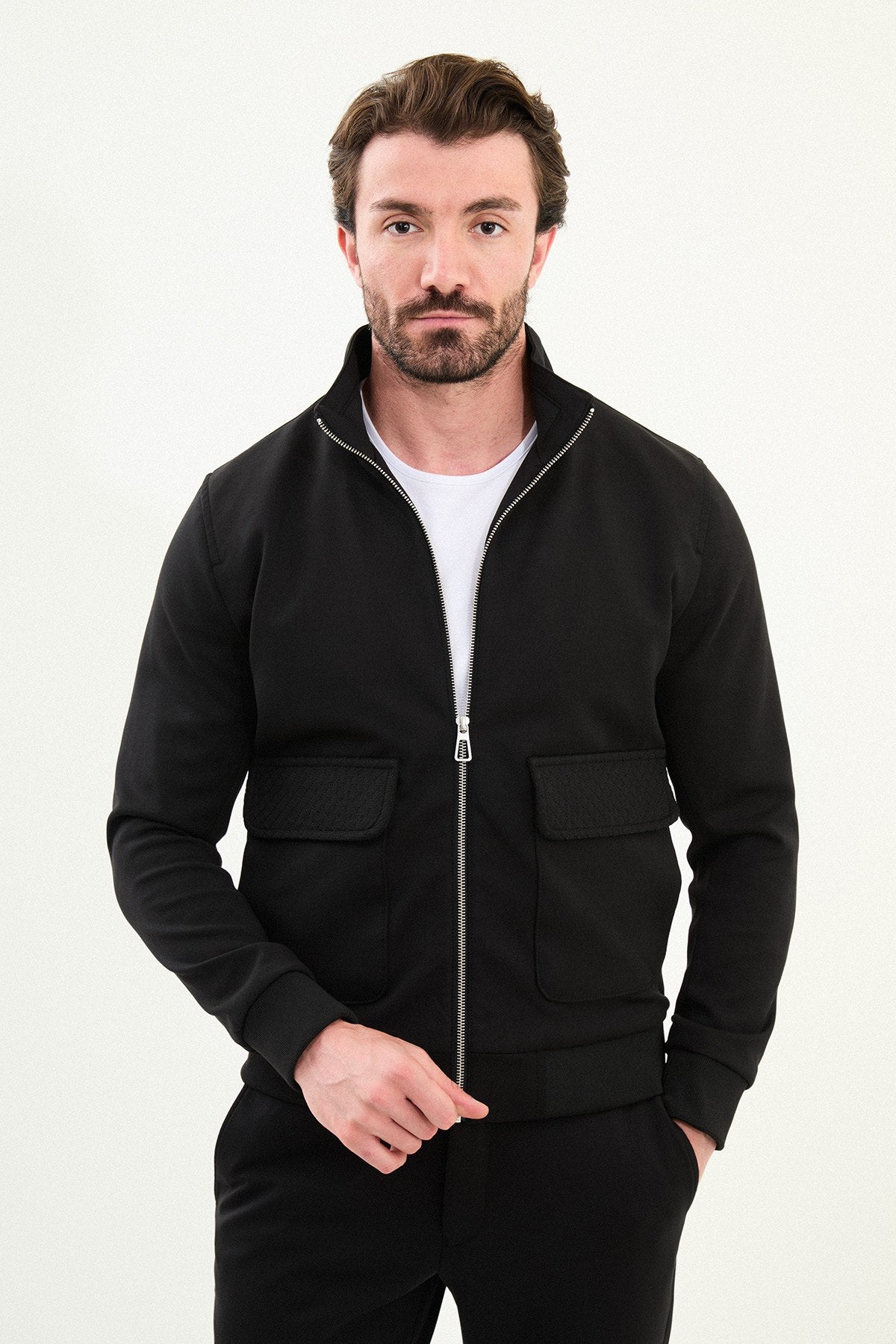 Men’s Black Slim Fit Knitwear Zip Jacket
