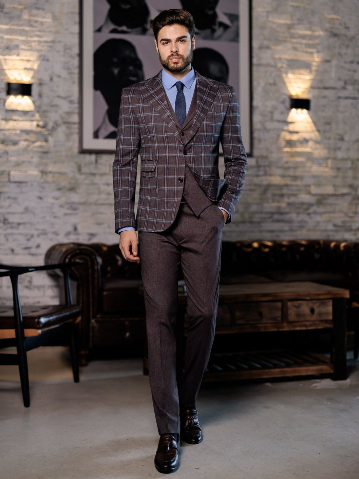 Bordeaux Plaid Slim-Fit Suit 3-Piece VIOSSI