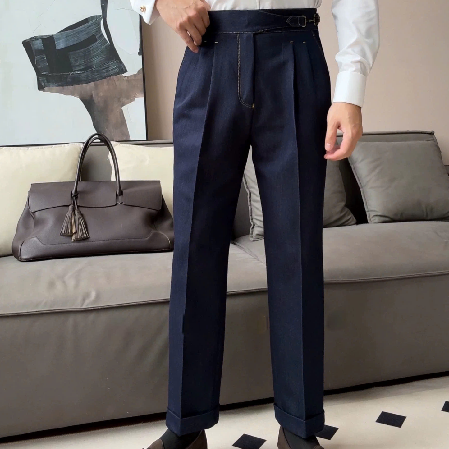 Gurkha Double-Pleat Denim Trousers