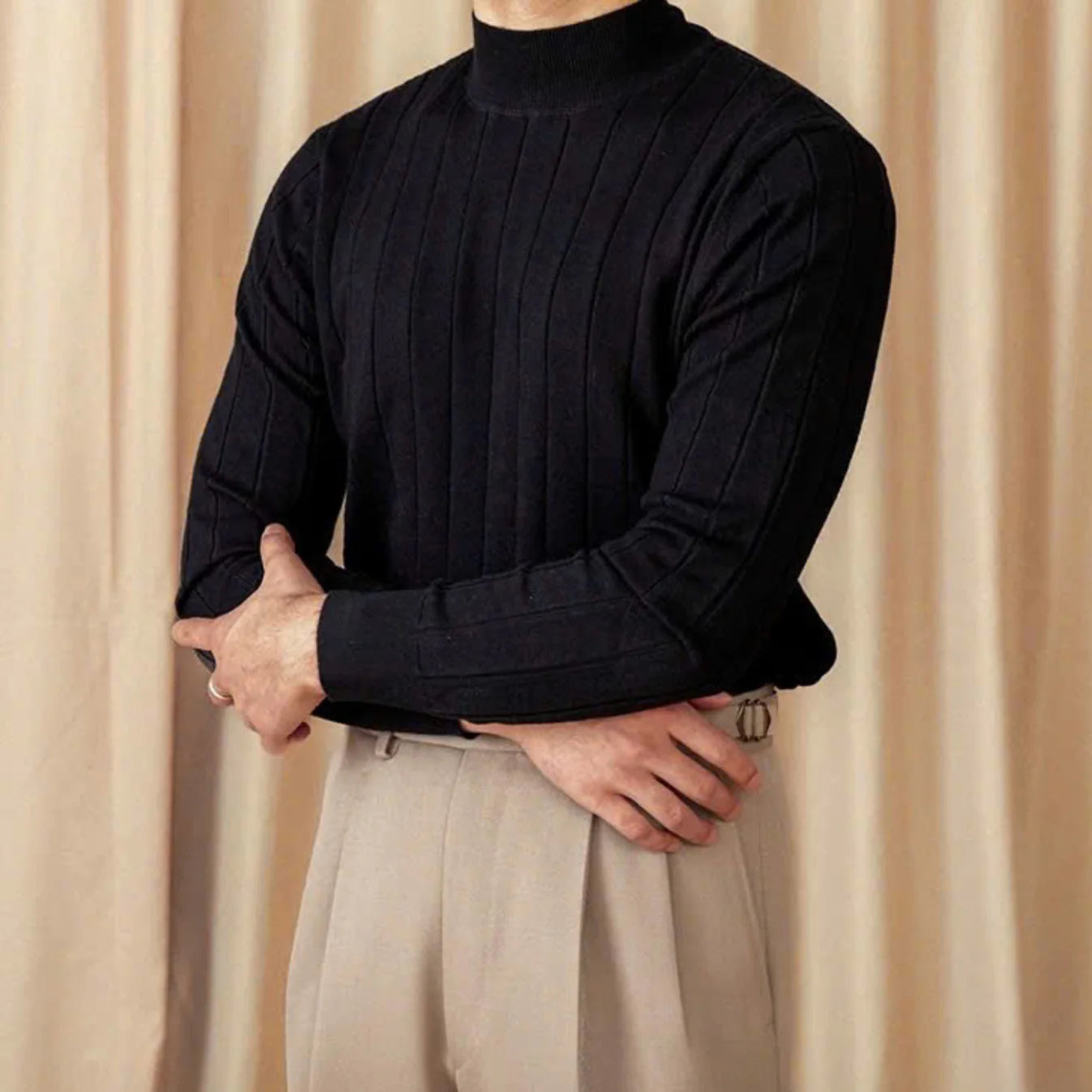 Men's Ribbed Mock-Neck Knit Sweater - BRABION