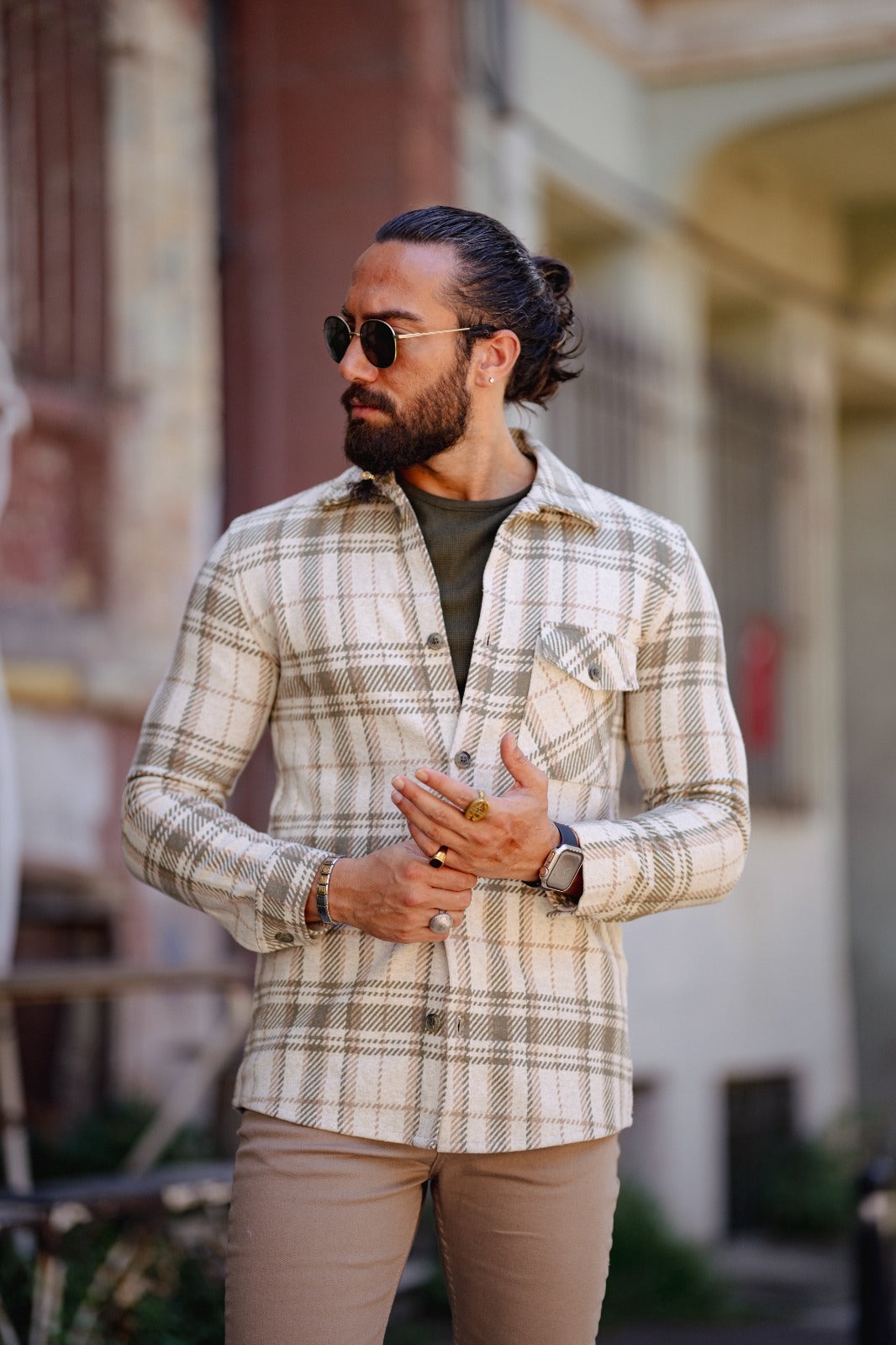 Brabion Paris Beige Green Slim Fit Plaid Shirt