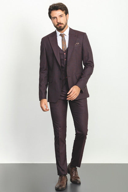 Brabion Rocco Burgundy Slim Fit Peak Lapel 3 Piece Check Suit