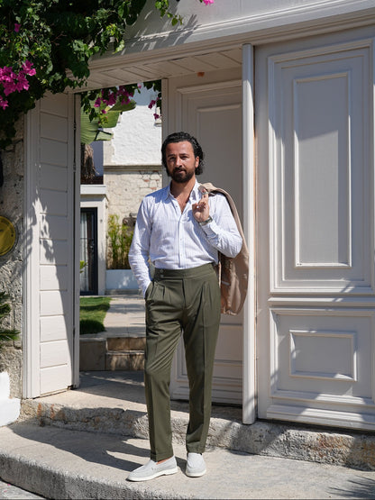 Khaki Green High Waist Pleated Buckle Pants - Regular Fit