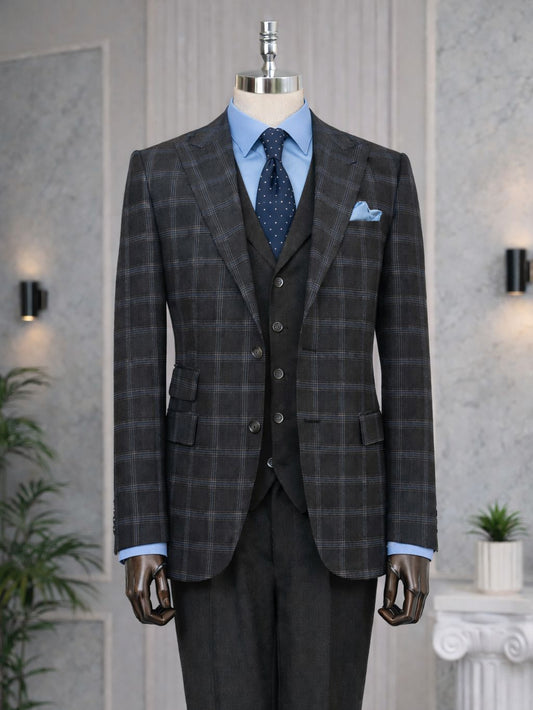 Dark Navy Plaid Slim-Fit Suit 3-Piece