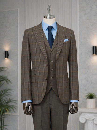 Brown Plaid Slim-Fit Suit 3-Piece