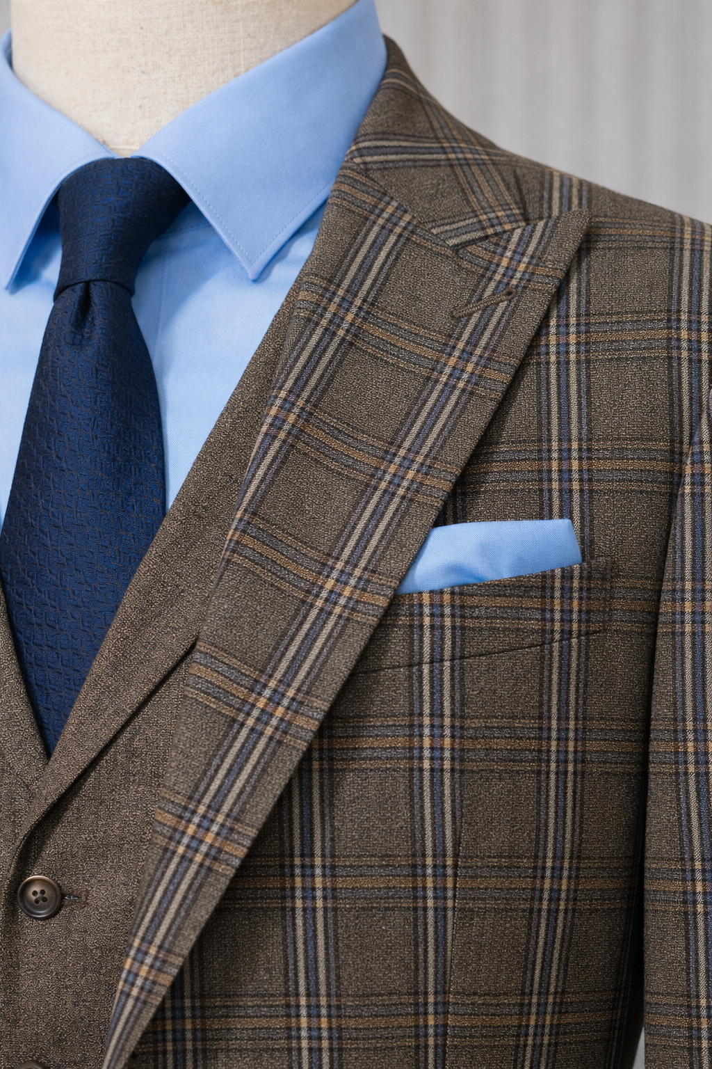 Brown Plaid Slim-Fit Suit 3-Piece
