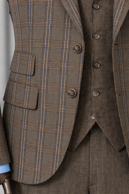 Brown Plaid Slim-Fit Suit 3-Piece