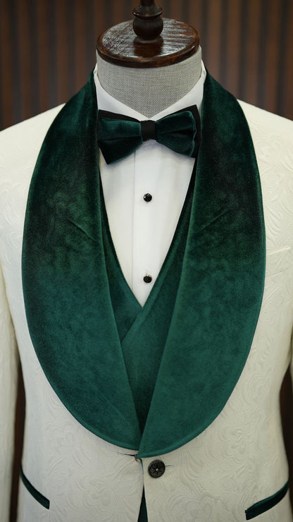 Fiore White Green Slim Fit Velvet Shawl Lapel Tuxedo for Modern Elegance