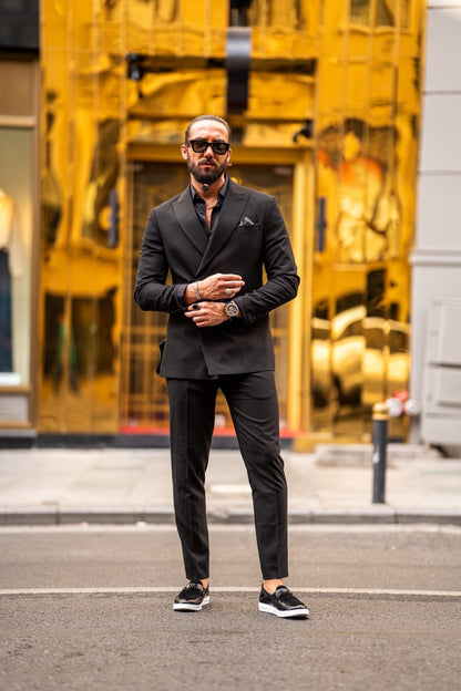 Ardean Black Slim Fit Peak Lapel Double Breasted Suit - Elevate Your Style
