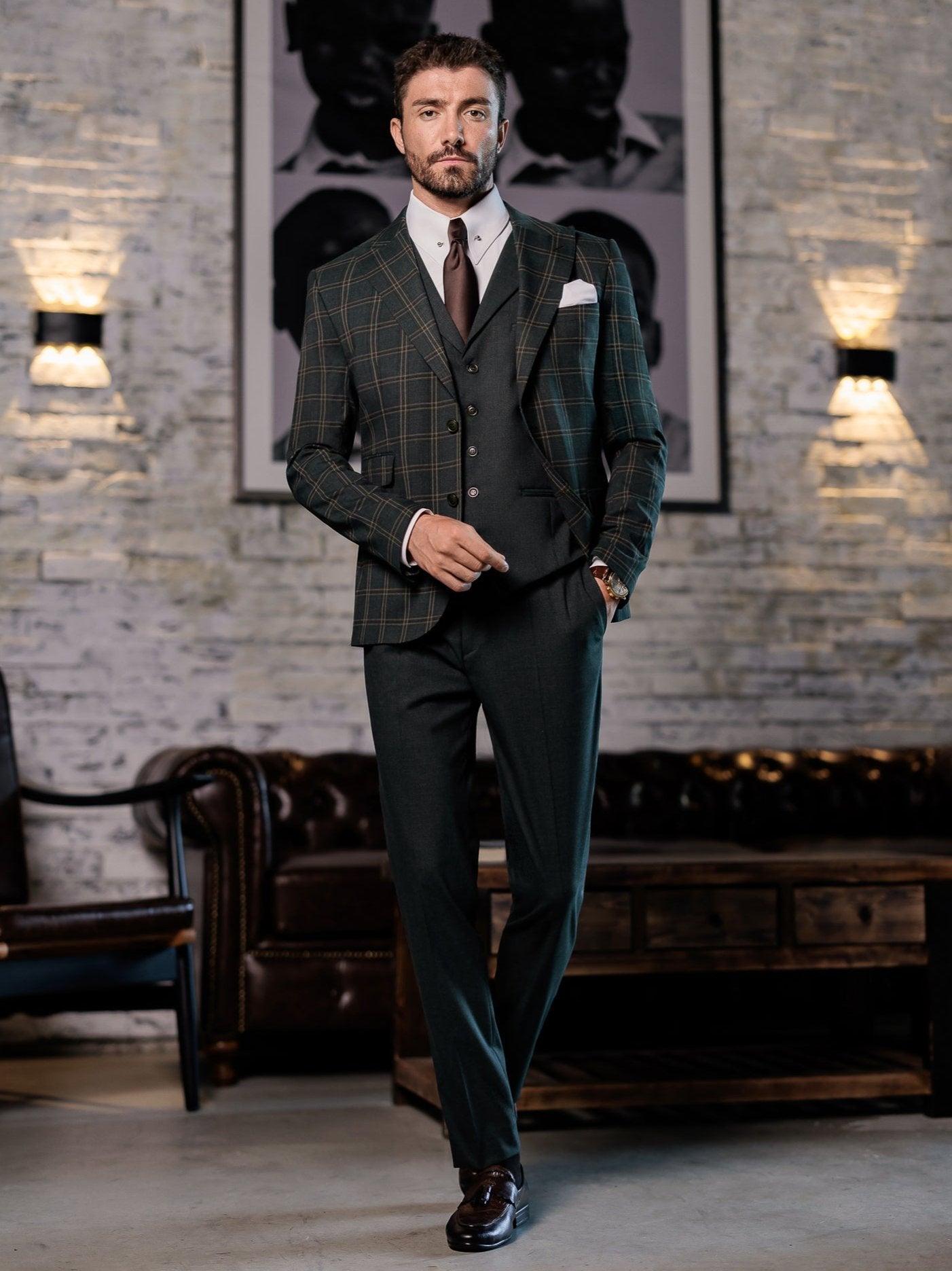 Green Plaid Slim-Fit Suit 3-Piece VIOSSI